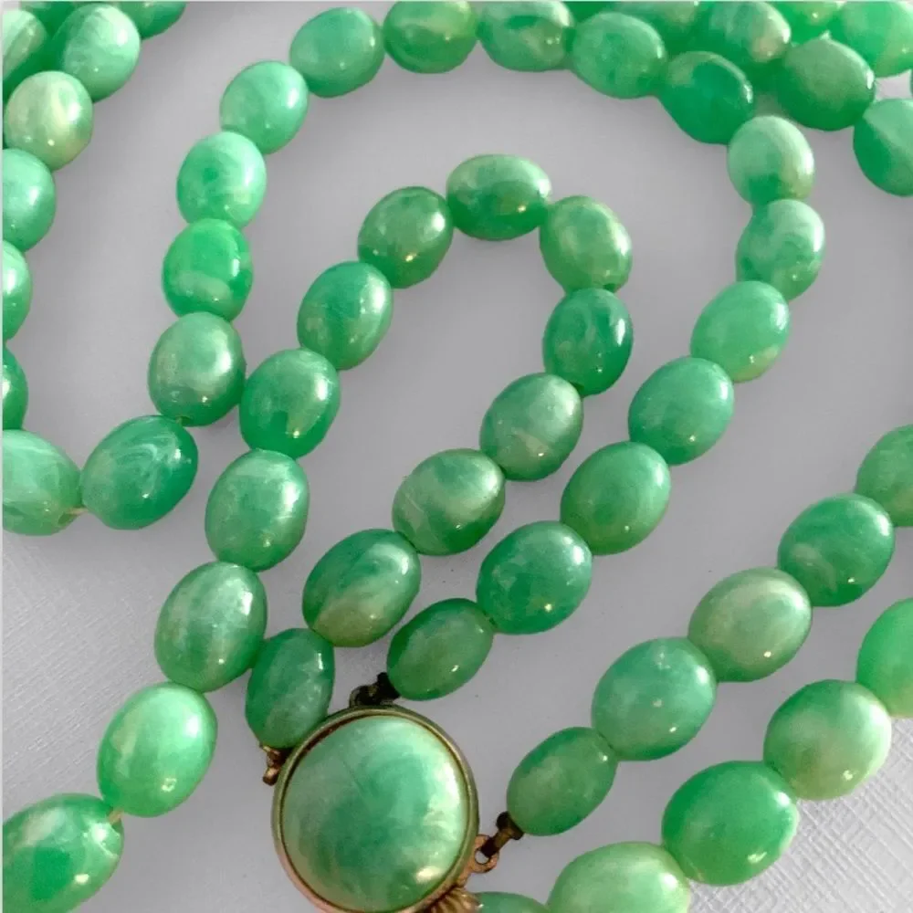 Vintage Double Strand Green Bead Necklace